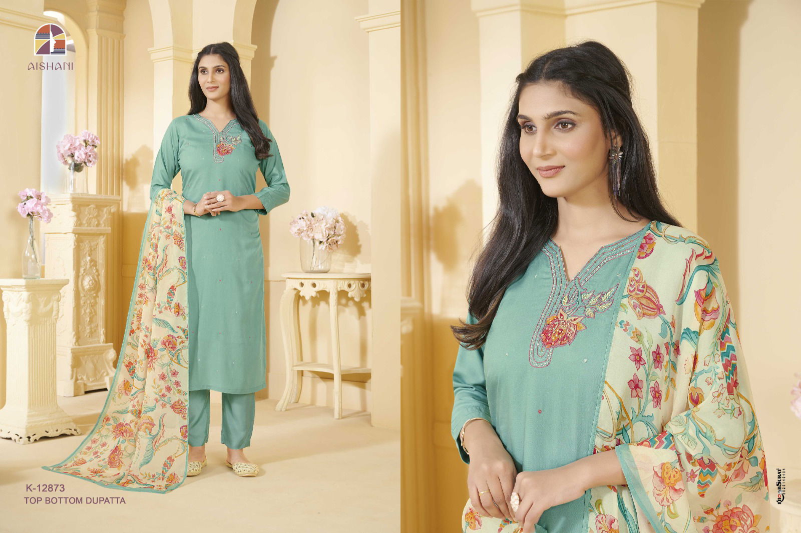 Aishani K 12871 To 12875 Cotton Muslin Kurti With Bottom Dupatta Orders In India